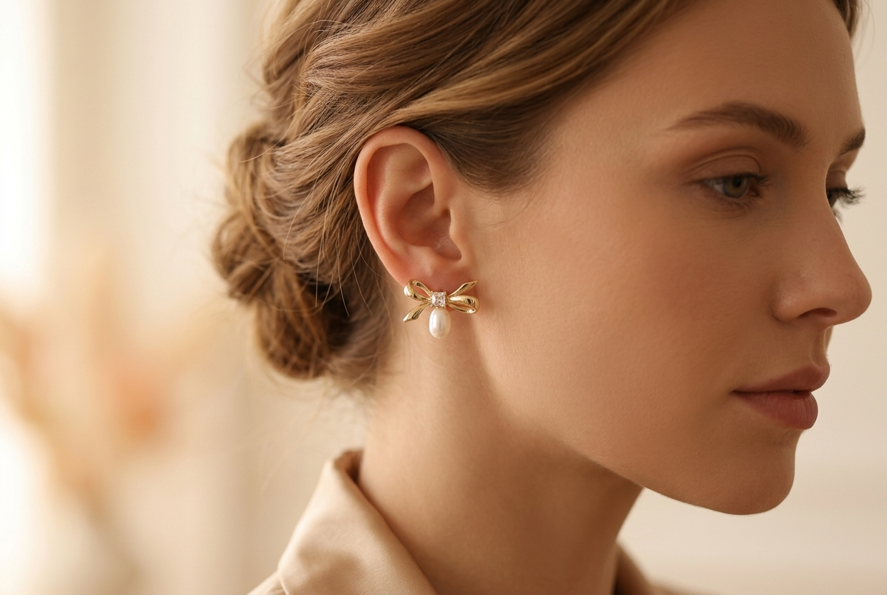 Dainty Bow Freshwater Pearl Drop Earring,Best Wedding Gift