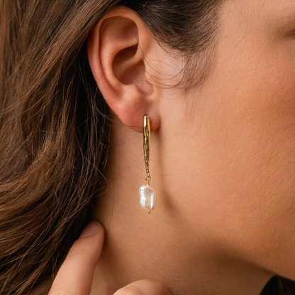 Gold Statement Earring with Baroque Pearl Pendant, Everyday Wear