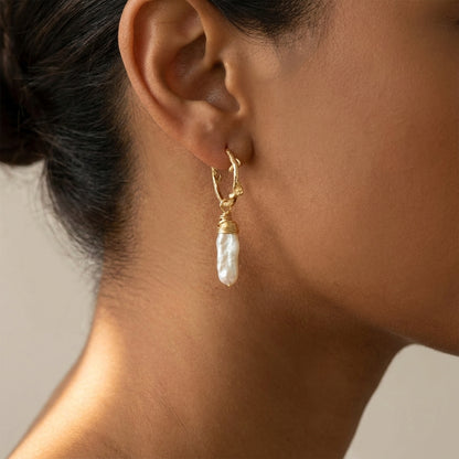 Gold Hoop Earring with Natural Baroque Pearl Pendant