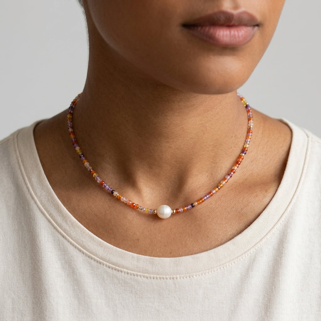 Close-up of a model wearing the Sunrise Whisper dainty colorful beaded necklace featuring a central freshwater pearl, styled with a neutral top by Whisperland Studio.