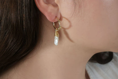 Gold Hoop Earring with Natural Baroque Pearl Pendant