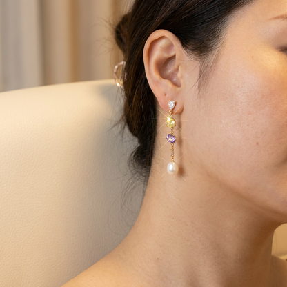 Sparkly Zircon & Freshwater Pearl Dangle Earrings, Wedding Jewelry
