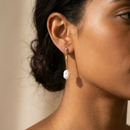 Gold Statement Earring with Baroque Pearl Pendant, Everyday Wear