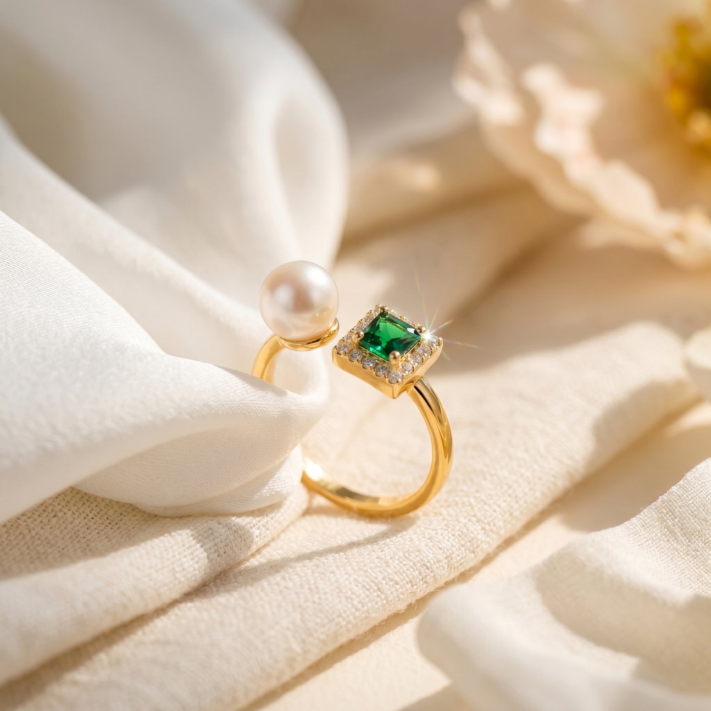 Elegant emerald and pearl open ring resting on soft fabric, showcasing a minimalist designer aesthetic.