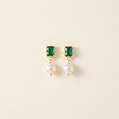 “Eden’s Whisper” Emerald and Freshwater Pearl Drop Earrings on a minimalist beige background