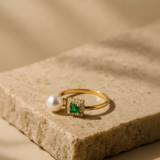 Emerald & Freshwater Open Pearl Ring
