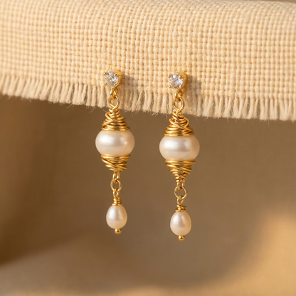 Handmade Wire Wrapped Dangle Earring with Freshwater Pearl