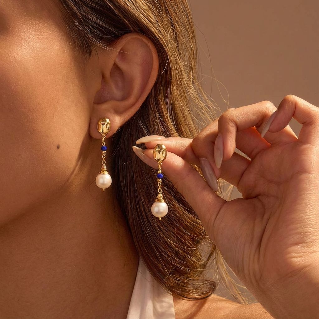 Gold Pearl Drop Long Earrings with Blue Beads