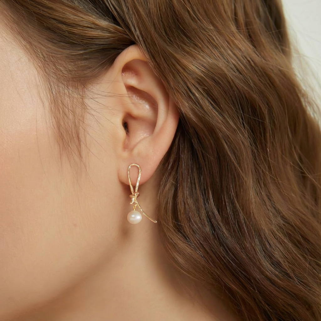 Gold Knot Freshwater Pearl Drop Earring
