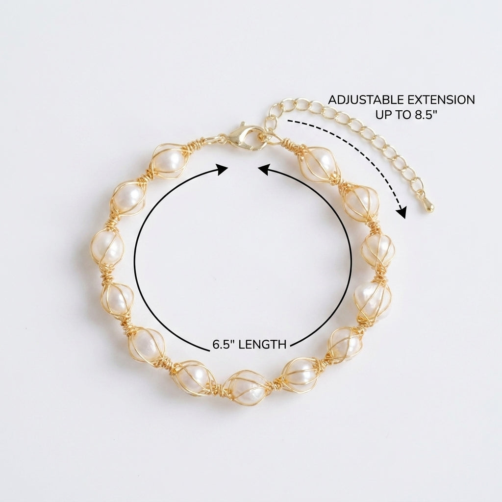 bracelet showing the small pearls and adjustable chain on a wrist