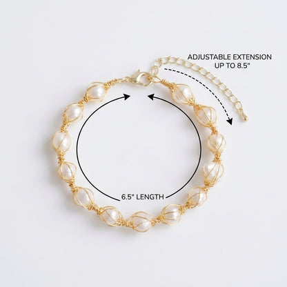 bracelet showing the small pearls and adjustable chain on a wrist