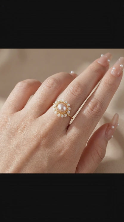 Adjustable Pink Floral Pearl Statement Ring, June Birthstone Goft