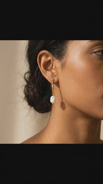 Gold Statement Earring with Baroque Pearl Pendant, Everyday Wear
