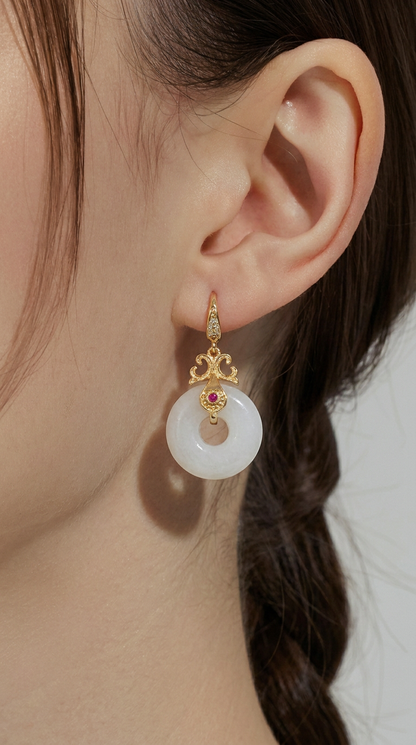 White Jade Donut Drop Earrings | 14K Gold Plated Vintage Style | Ping An Kou