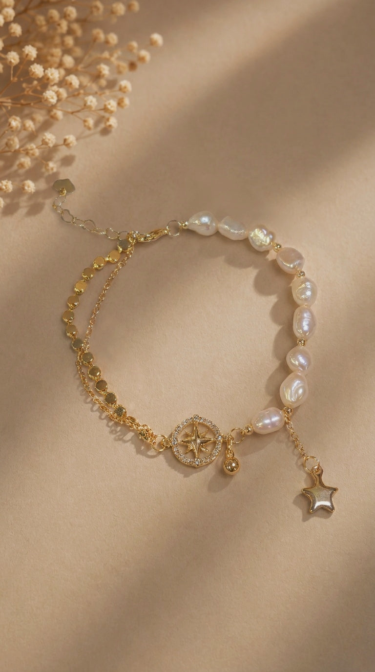 Pearl & Gold Star Charm Bracelet · Dainty Half‑and‑Half Design