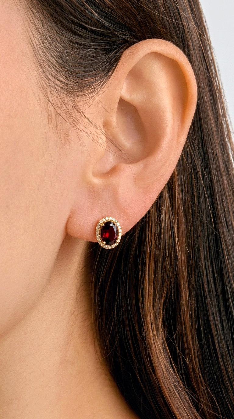 Vintage Elegance | Oval Cut Red Garnet & Zircon Halo Stud Earrings