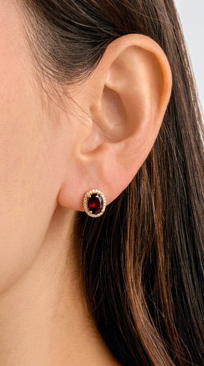 Vintage Elegance | Oval Cut Red Garnet & Zircon Halo Stud Earrings