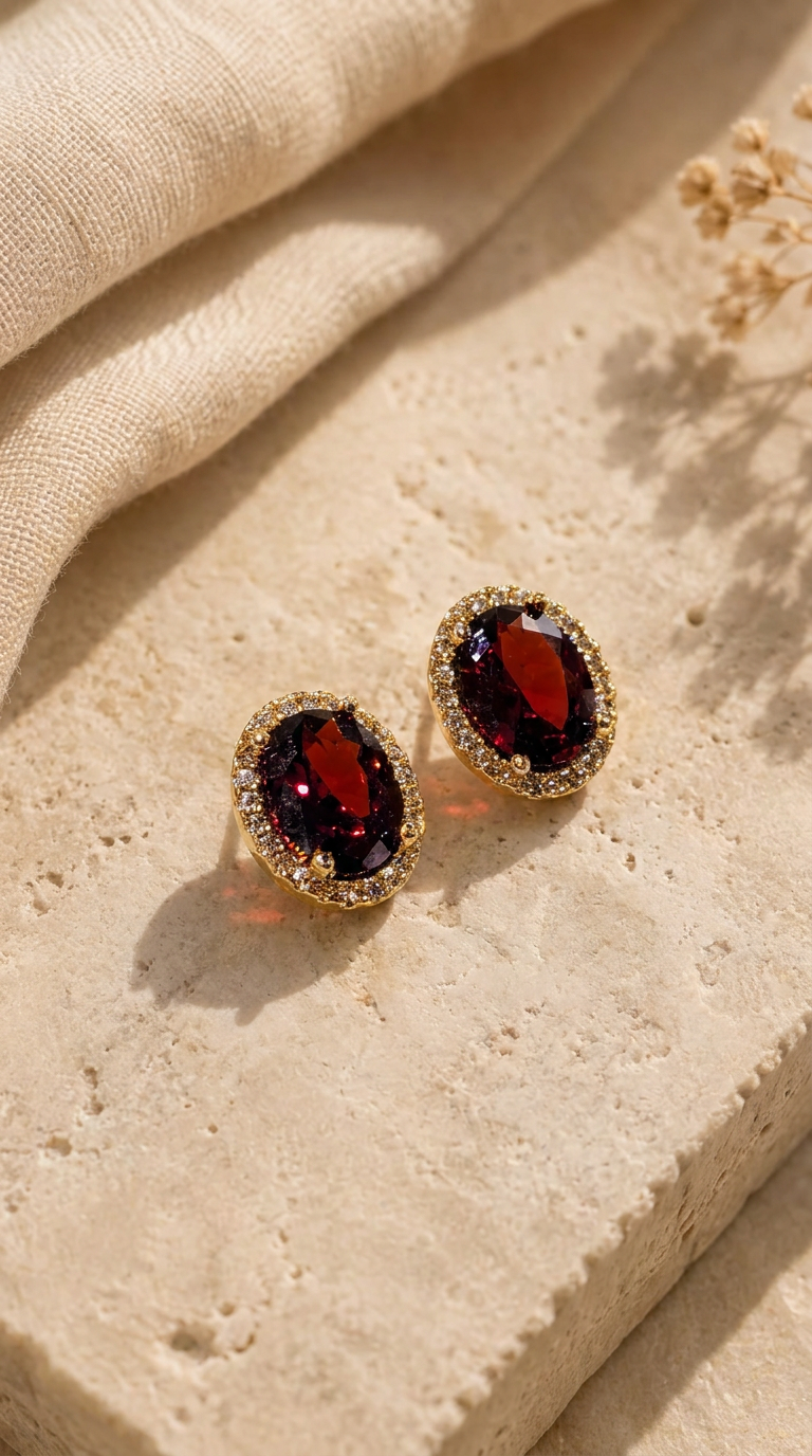 Vintage Elegance | Oval Cut Red Garnet & Zircon Halo Stud Earrings