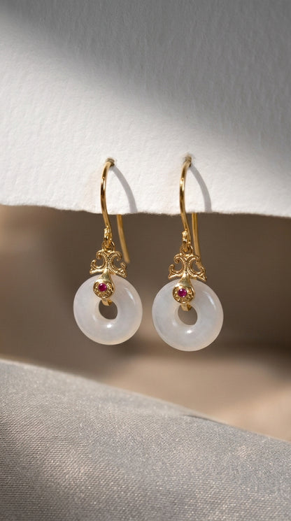 White Jade Donut Drop Earrings | 14K Gold Plated Vintage Style | Ping An Kou
