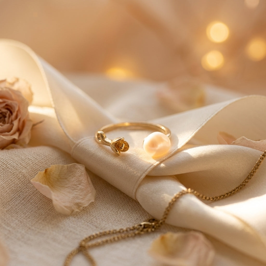 The 'Rosalie' 14K gold plated baroque pearl ring presented inside an elegant beige velvet jewelry box by Whisperland Studio.