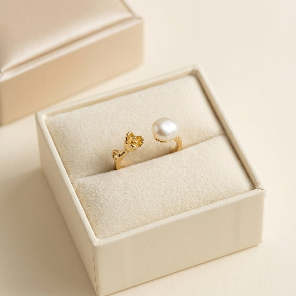 The 'Rosalie' pearl rose ring packaged beautifully in a premium gift box tied with a delicate ribbon, perfect for romantic gifting.