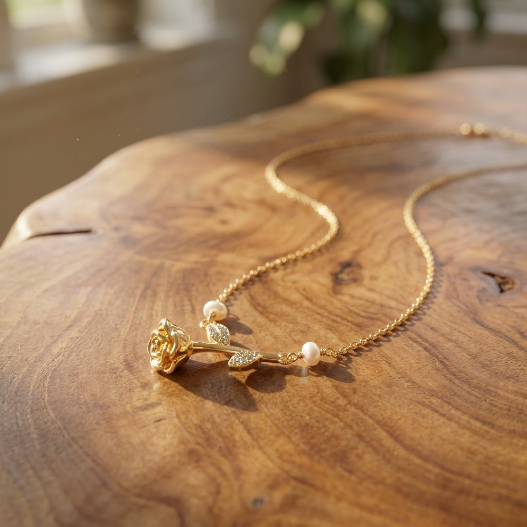 A delicate gold necklace with a rose and pearl pendant, displayed on a rustic wooden surface.