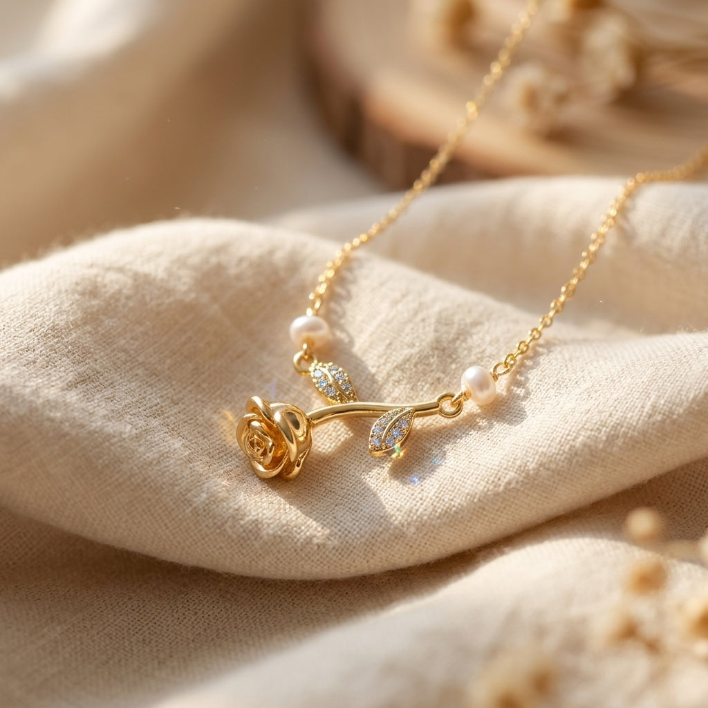 A delicate gold necklace with a rose-shaped pendant, small pearl beads, and clear crystal accents, draped over soft beige fabric.