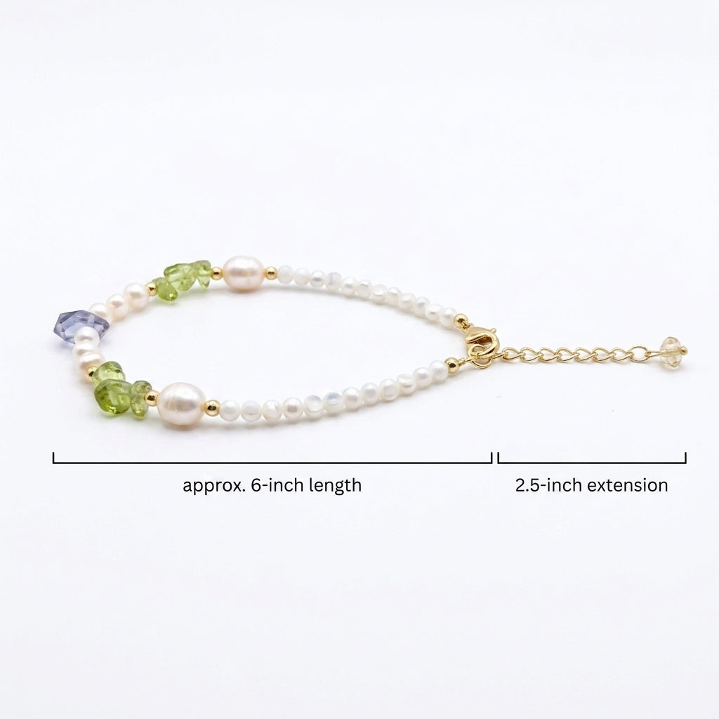 Elysian Meadow | Natural Peridot & Shell Pearl Beaded Bracelet - 14K Gold Plated