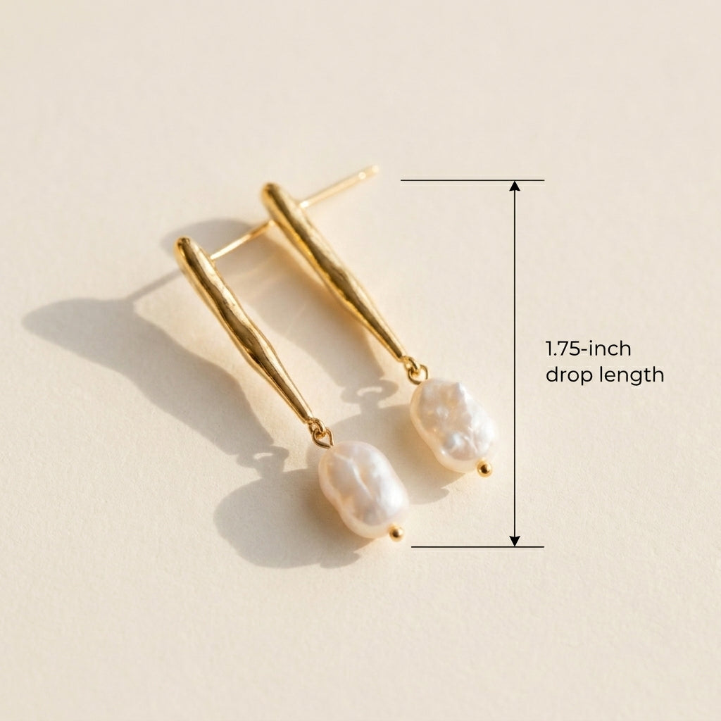 Gold Statement Earring with Baroque Pearl Pendant, Everyday Wear