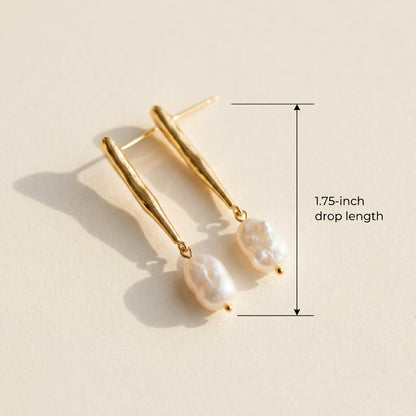Gold Statement Earring with Baroque Pearl Pendant, Everyday Wear