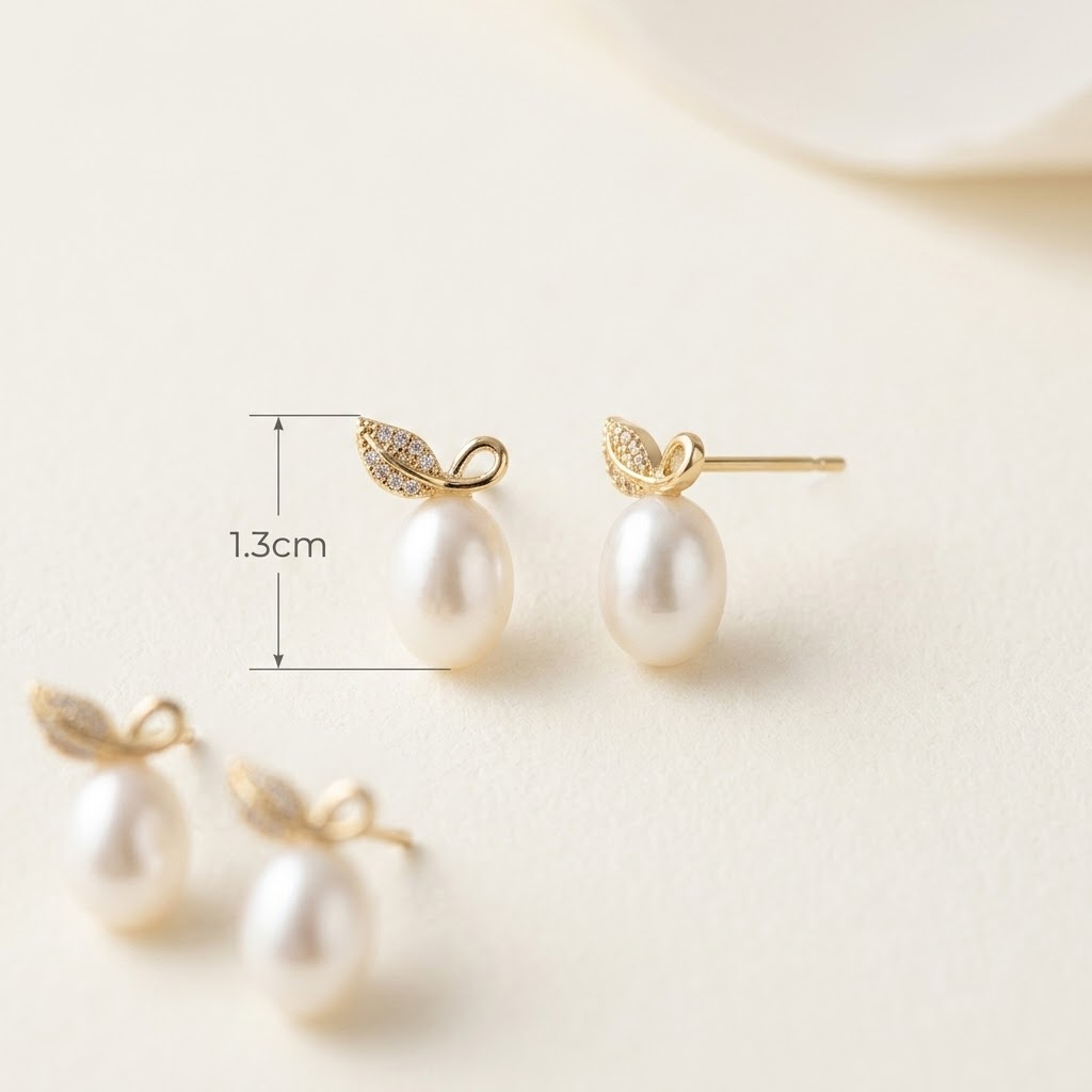 Gold Leaf Freshwater Pearl Stud Earring, Best gift for Mom