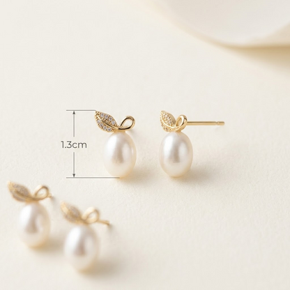 Gold Leaf Freshwater Pearl Stud Earring, Best gift for Mom