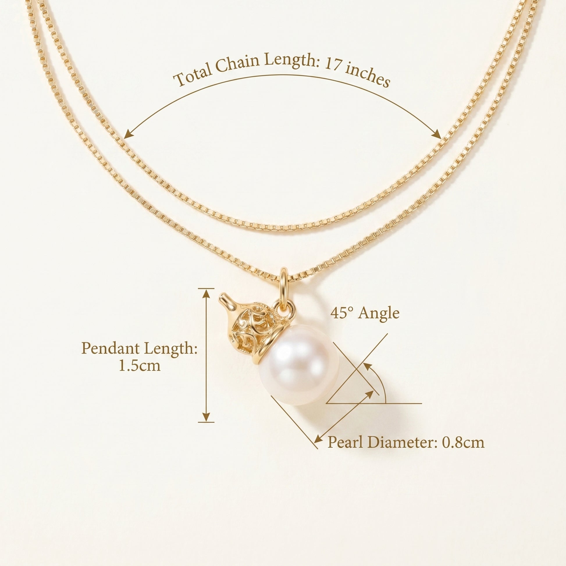 Gold necklace with a pearl pendant, showing measurements on a white background