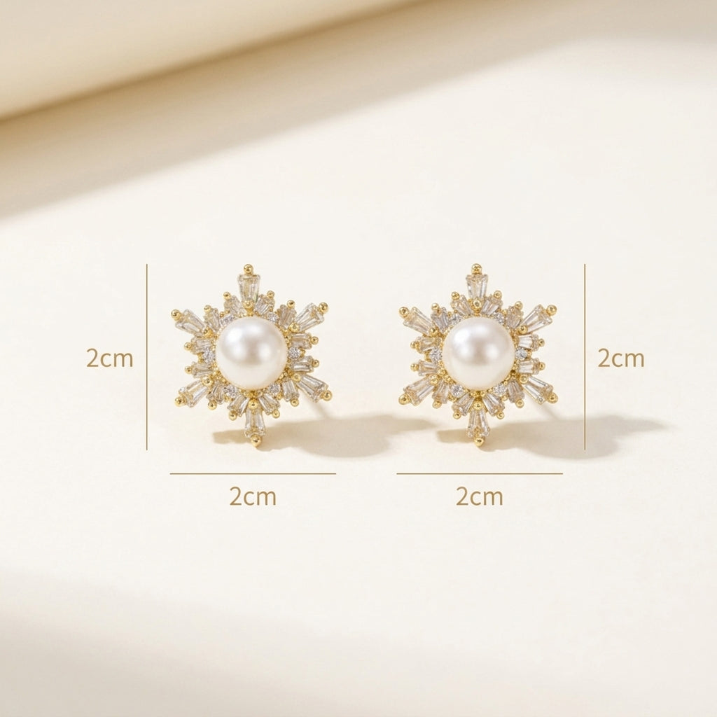 Christmas Snowflake Earrings - Freshwater pearl Gold Ear Studs