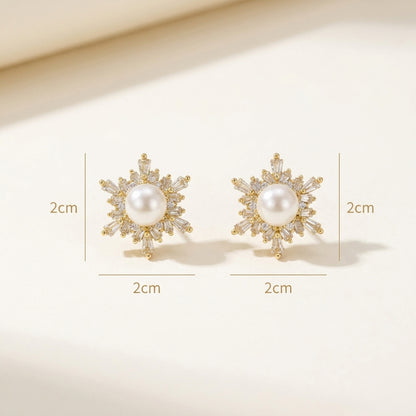 Christmas Snowflake Earrings - Freshwater pearl Gold Ear Studs