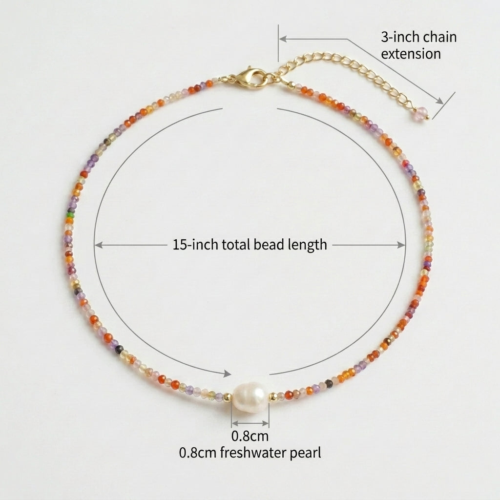 Size guide and measurements for the Sunrise Whisper beaded necklace, showing a 15-inch bead length, 3-inch chain extension, and a 0.8cm central freshwater pearl by Whisperland Studio.
