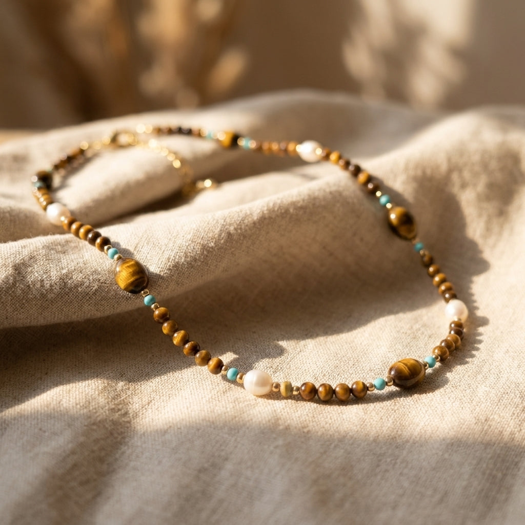 Tierra choker with natural tiger's eye, turquoise, and natural baroque pearls on beige fabric in warm natural light.