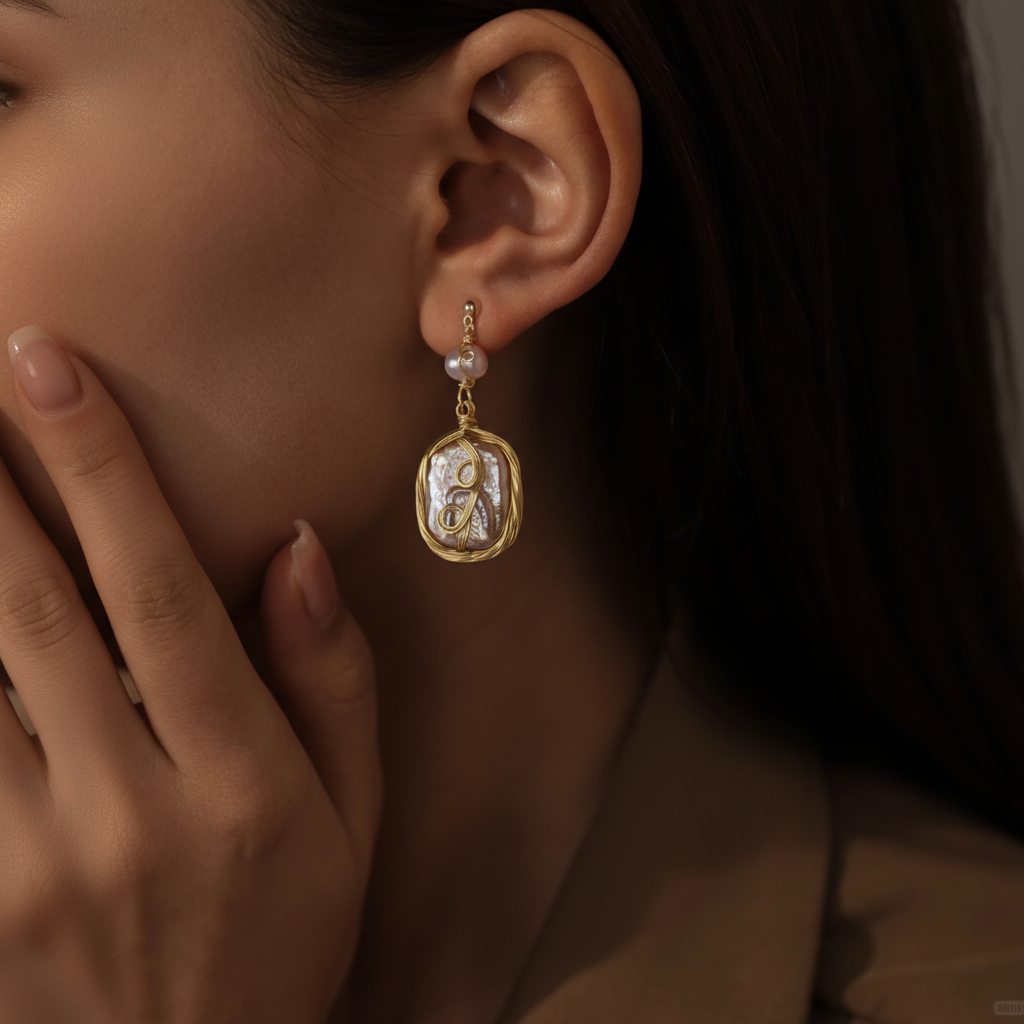 Close-up of a model wearing the Twilight Reverie handmade baroque pearl dangle earrings, showcasing the iridescent purple and gold tones by Whisperland Studio.