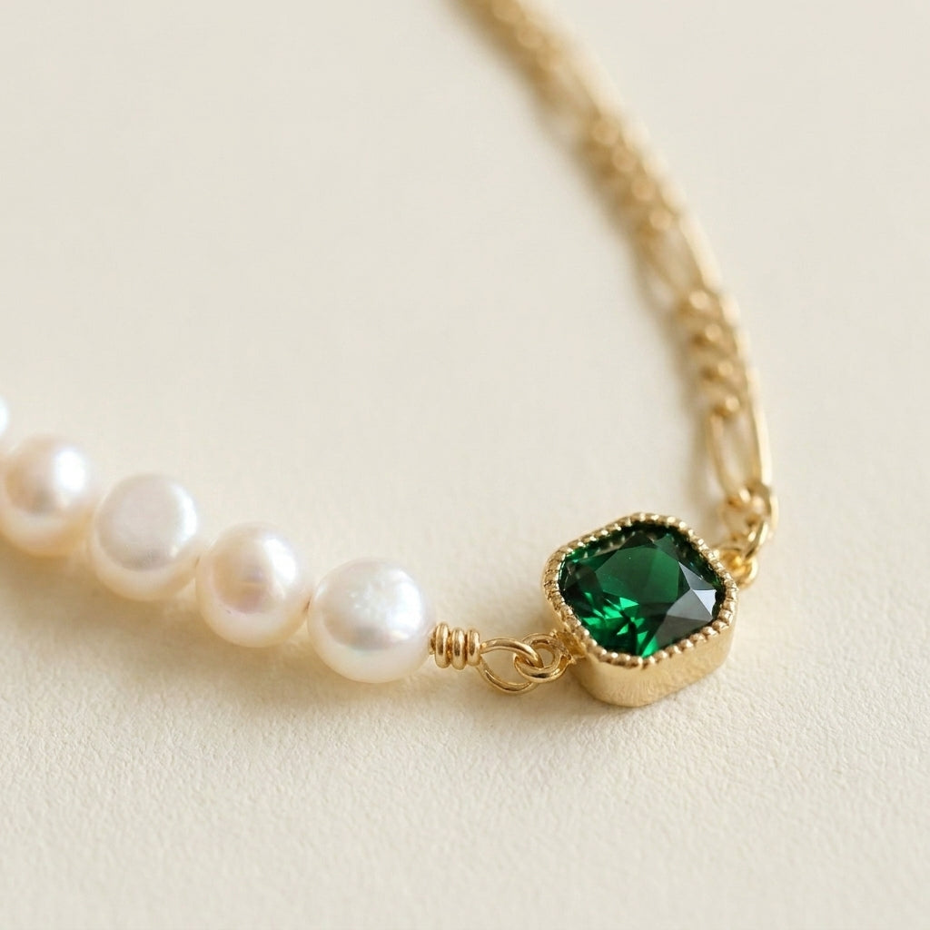 “Verdant Muse” Emerald and Freshwater Pearl Choker on 14K Gold Figaro Chain