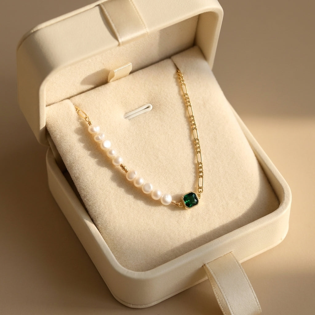 Verdant Muse Emerald and Pearl Choker in a premium cream jewelry gift box - perfect for May birthday gifts