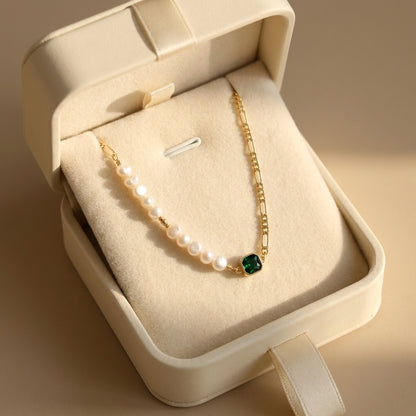 Verdant Muse Emerald and Pearl Choker in a premium cream jewelry gift box - perfect for May birthday gifts
