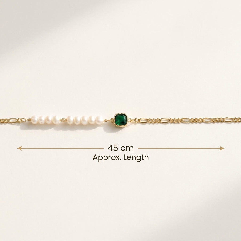Size guide for the Verdant Muse Emerald and Pearl Choker showing the 45 cm adjustable length