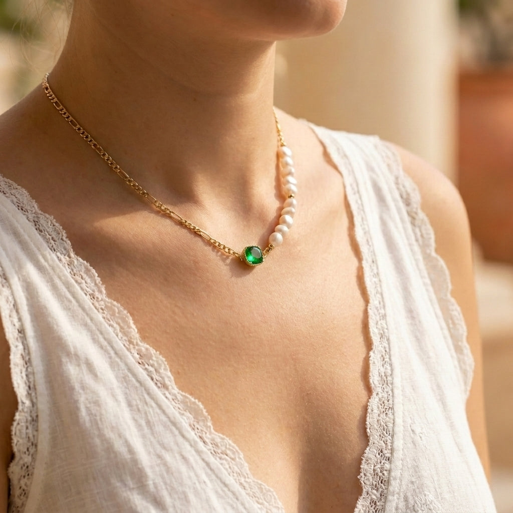 Model wearing the “Verdant Muse” Emerald and Pearl Choker for a minimalist lifestyle look