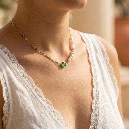 Model wearing the “Verdant Muse” Emerald and Pearl Choker for a minimalist lifestyle look