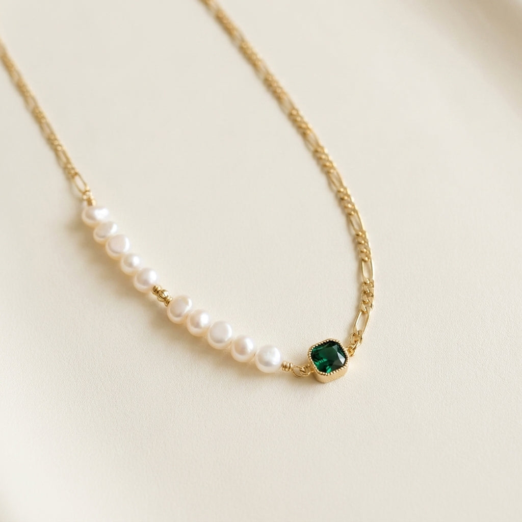 “Verdant Muse” Emerald and Freshwater Pearl Choker on 14K Gold Figaro Chain