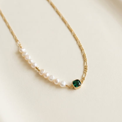 “Verdant Muse” Emerald and Freshwater Pearl Choker on 14K Gold Figaro Chain