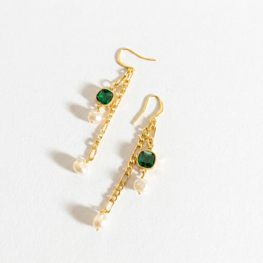 “Verdant Muse” Emerald and Freshwater Pearl Drop Earrings in 14K gold, showcasing the vibrant green square zircon and baroque pearl drops on a white background.