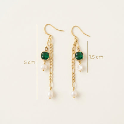 Size guide for “Verdant Muse” Emerald and Pearl Drop Earrings showing the 5cm total length and 1.5cm drop detail