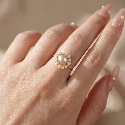 Adjustable Pink Floral Pearl Statement Ring, June Birthstone Goft