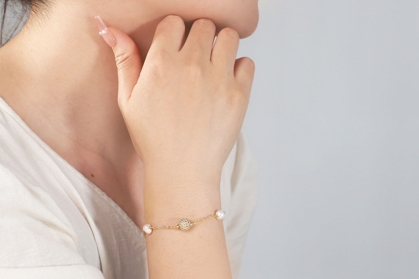 Lumina Freshwater Pearl Satellite Bracelet | Dainty Gold Plated Zircon Jewelry